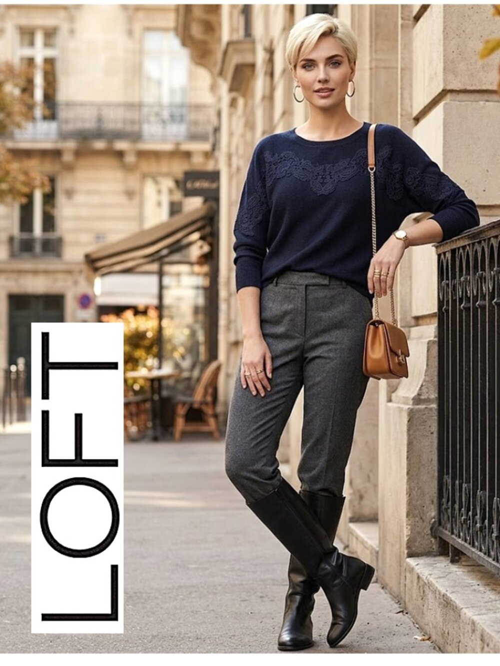 LOFT - Navy pullover cotton/wool blend sweater with front embroidery detailing